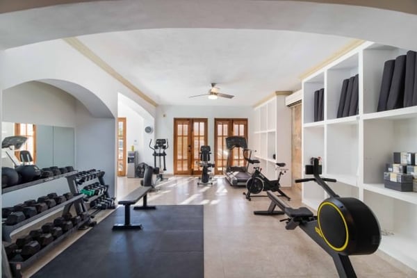 Private gym with dumbbell rack, rowing machine, spin bike, and arched ceiling
